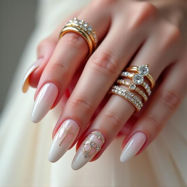 골드 라인과 보석으로 포인트를 준 웨딩 네일