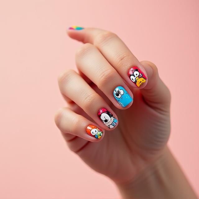귀여운 캐릭터가 그려진 네일 디자인